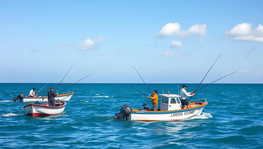 pequeñas embarcaciones pescando bonito del norte a caña