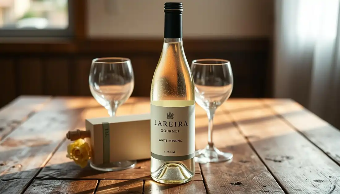 Botella de vino blanco y dos copas sobre una mesa