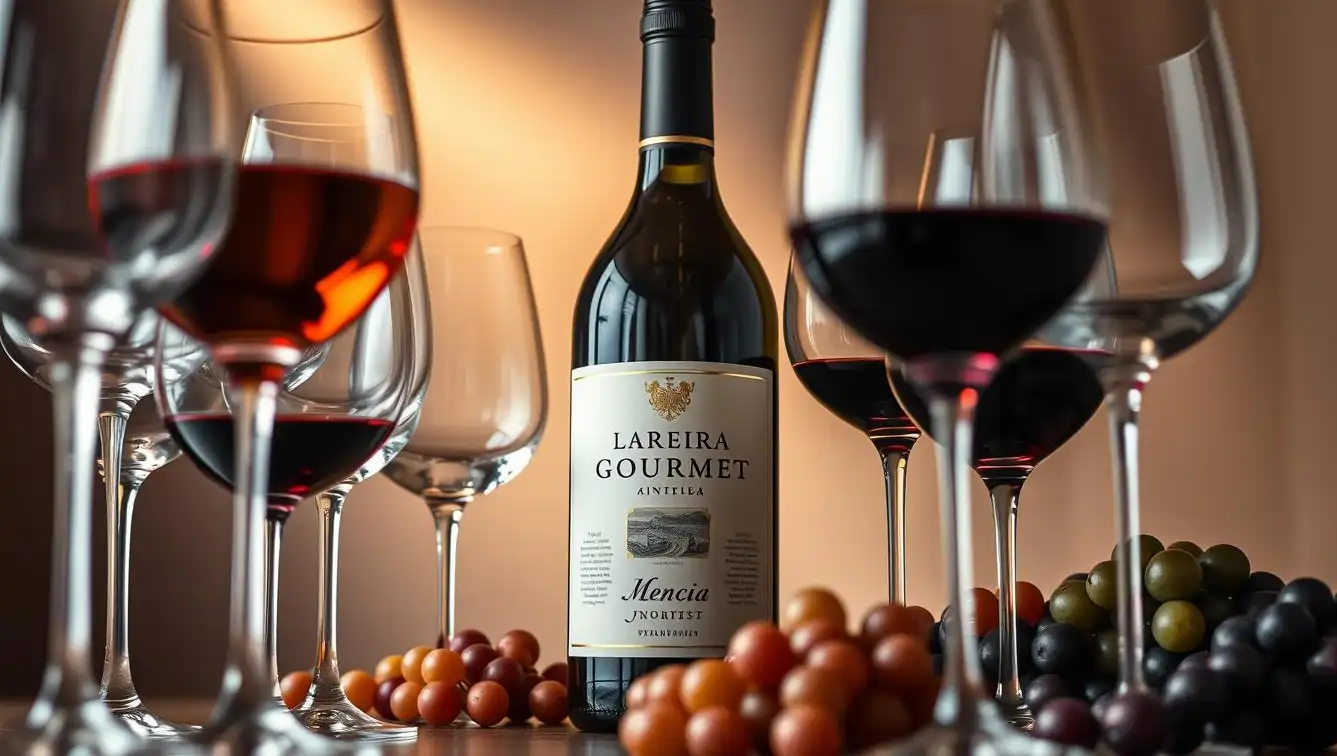 botella de vino mencia Lareira Gourmet y copas con vino