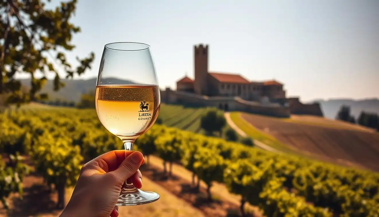 brindis con copa de vino blanco en un viñedo