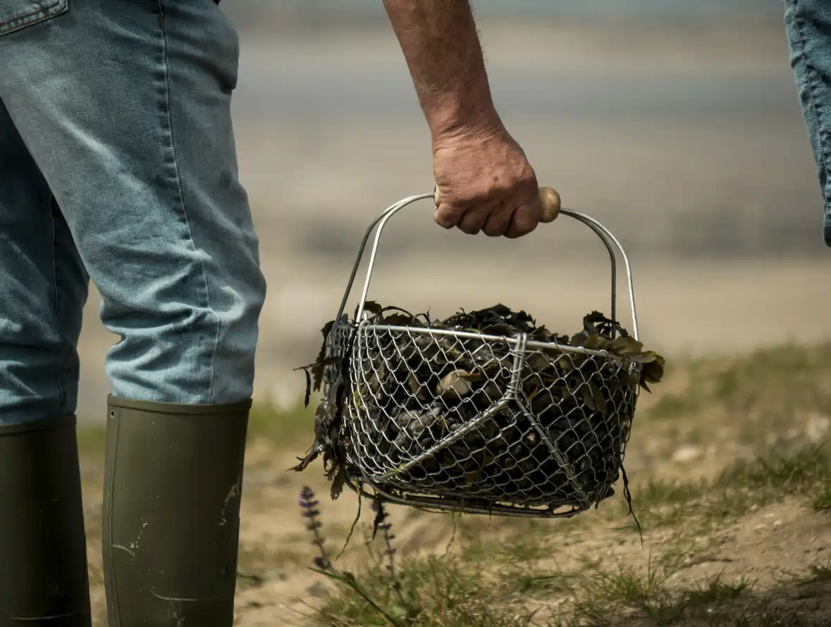 Hombre con cesta de mejillones