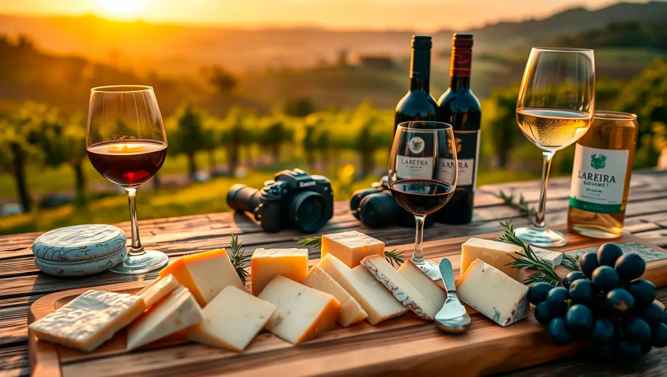 Maridaje de vinos gallegos con queso. Vista de viñedo desde una mesa con vinos y quesos