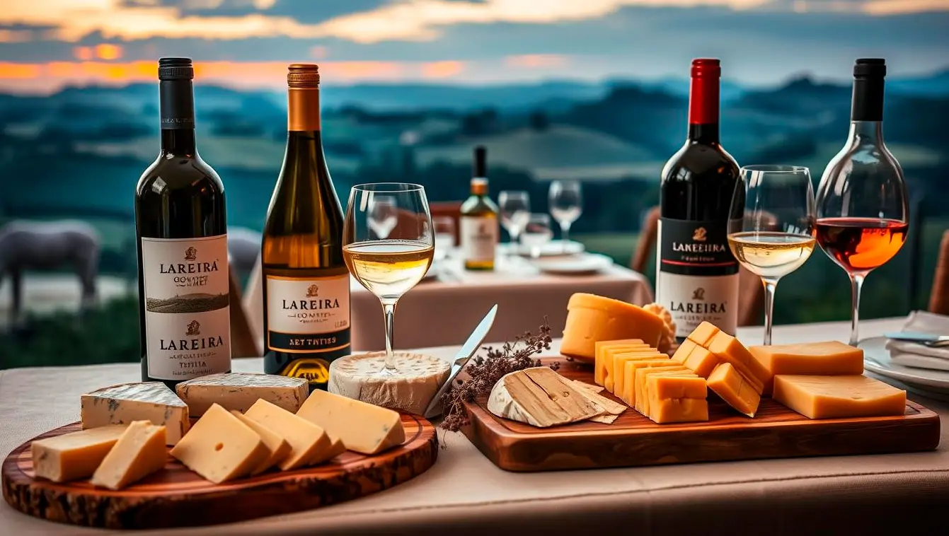 Maridaje de vinos gallegos con queso. Vista al mar desde una mesa con vinos y quesos