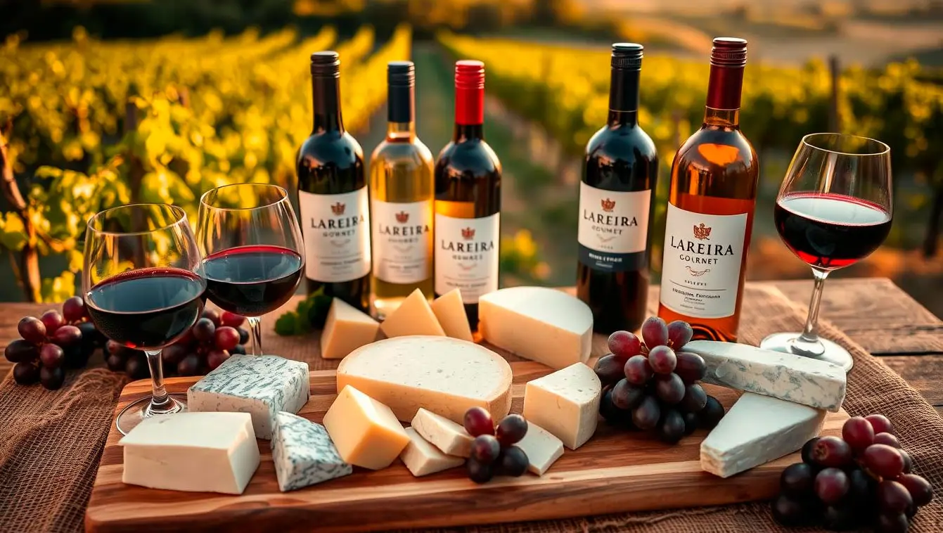 Maridaje de vinos gallegos con queso. Vista a un viñedo desde una mesa con vinos tintos y quesos.