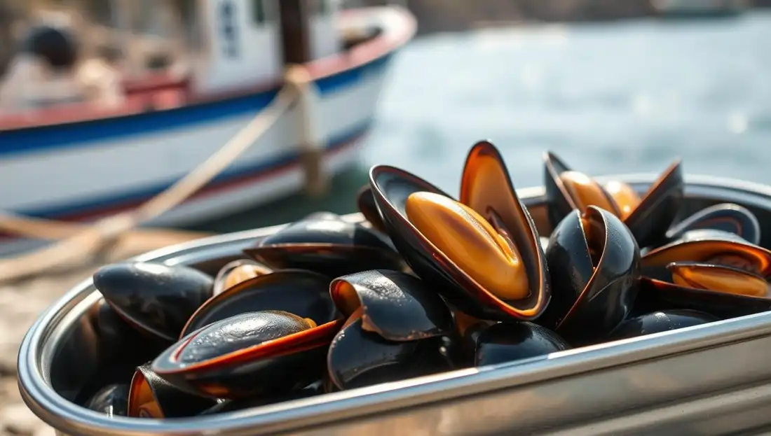 Mejillones en fuente en un puerto