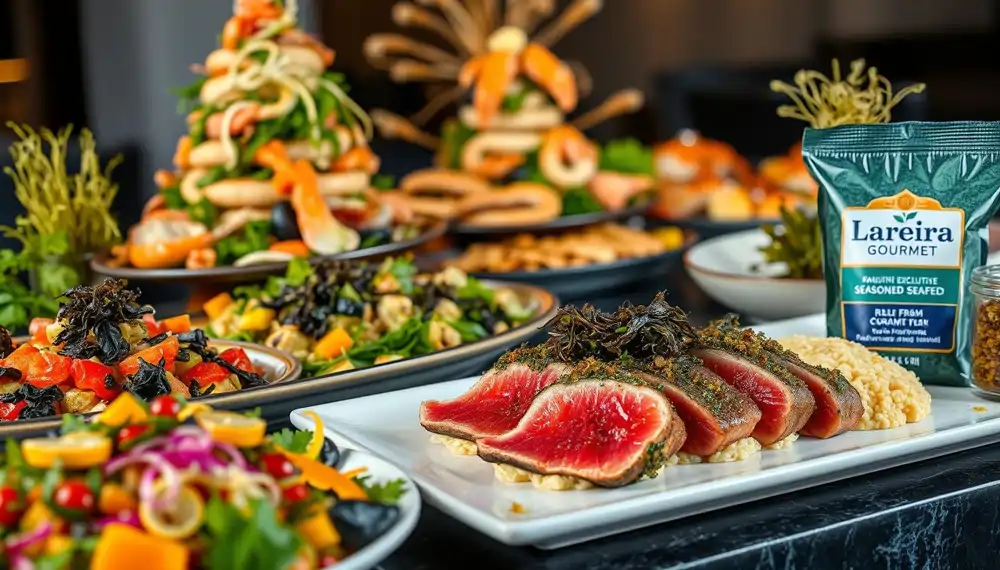 Platos elaborados con algas en una mesa de cocina, junto con un paquete de algas de Lareira Gourmet