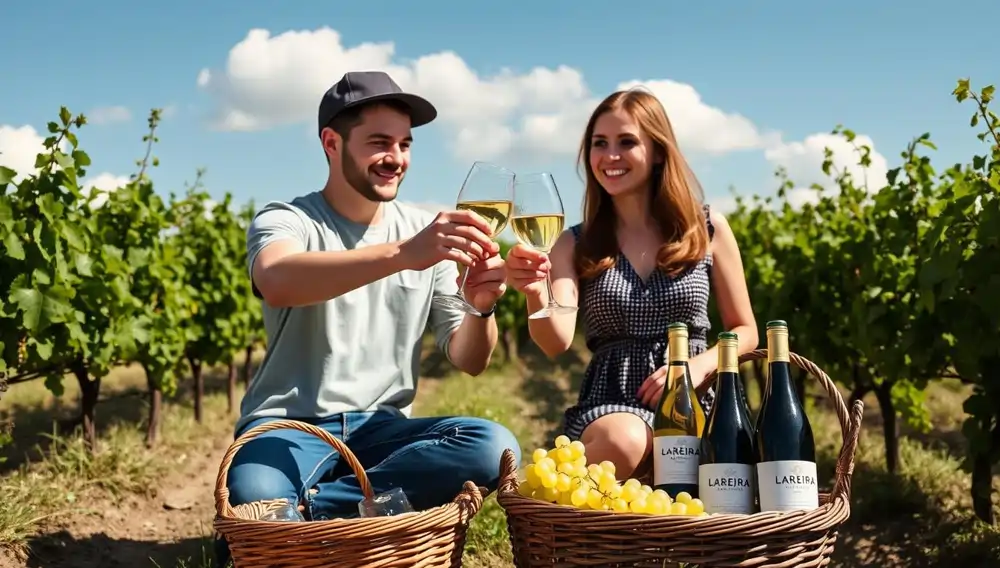 Pareja en viñedo de uva Godello