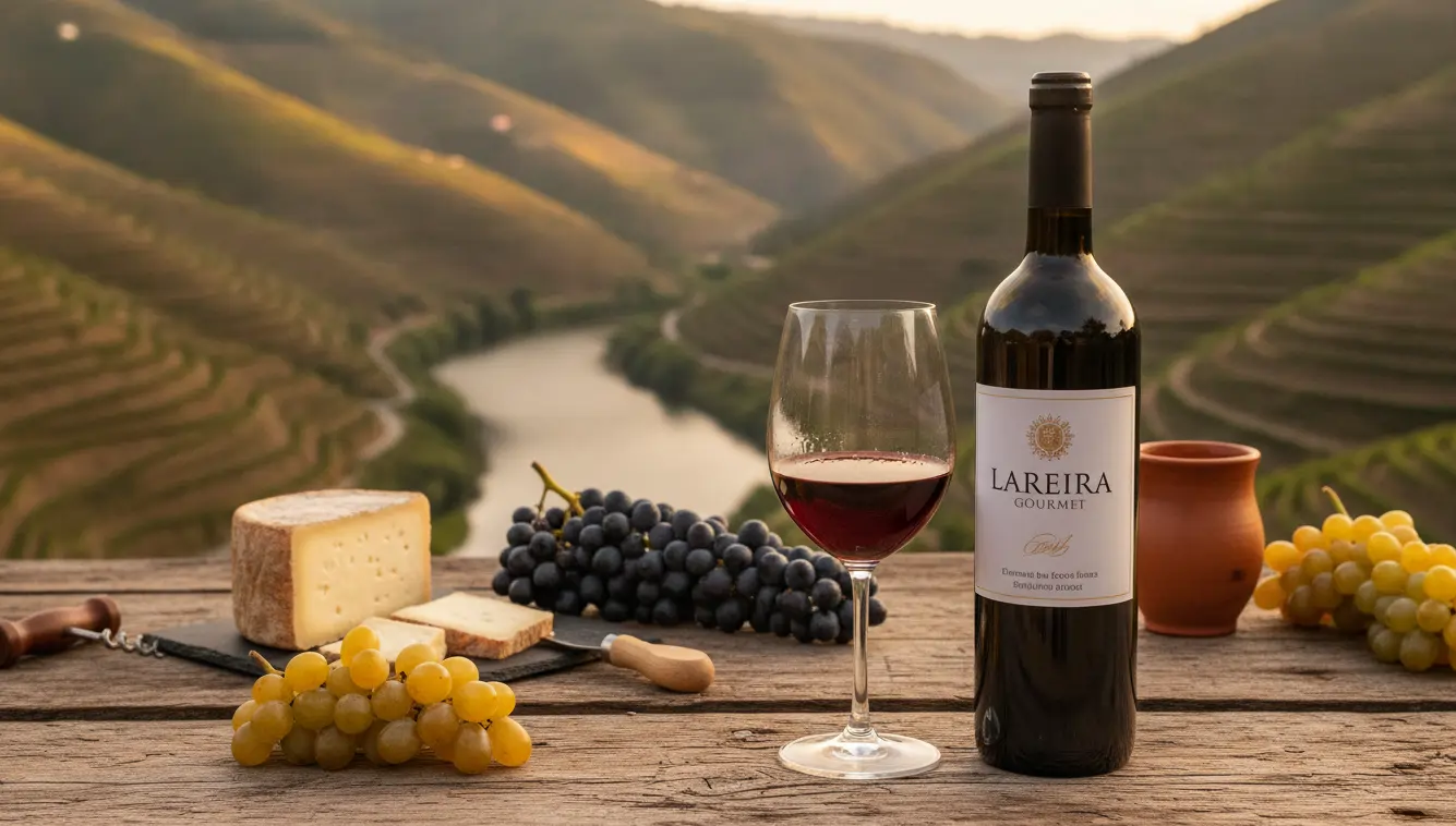 Vista de los cañones de Ribeira Sacra desde una mesa con vino, queso y uvas